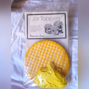 Vintage 6" round yellow gingham style jar covers or toppers with labels and yarn